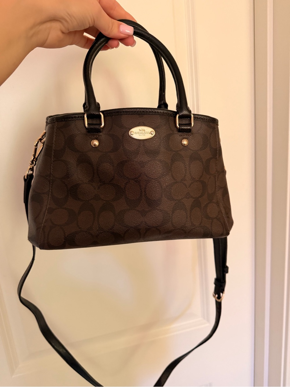 Coach Brown Signature Small Satchel with Black Handles